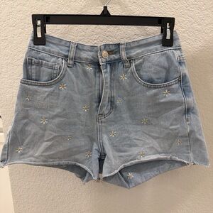 Light Blue Women's Denim Shorts with Daisy Embroidery